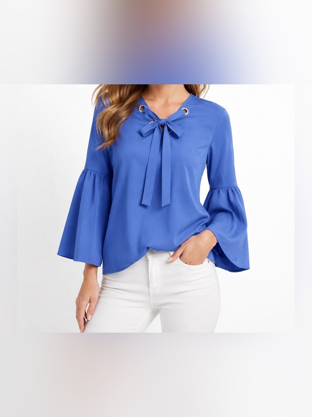 Michael Kors Blue Lace Up Neck Bell Sleeve Blouse Flowy Top NWOT Size M